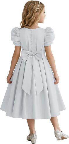 Puff Sleeve Flower Girl Dresses Wedding Satin Princess Pageant Dress Bow-Knot Midi Length First Communion Dress in Kuwait