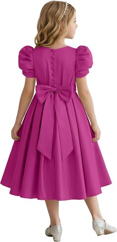 Puff Sleeve Flower Girl Dresses Wedding Satin Princess Pageant Dress Bow-Knot Midi Length First Communion Dress in Kuwait