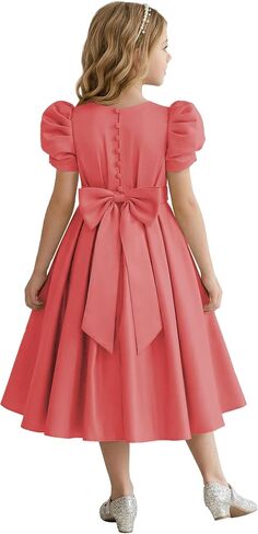 Puff Sleeve Flower Girl Dresses Wedding Satin Princess Pageant Dress Bow-Knot Midi Length First Communion Dress in Kuwait