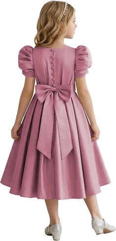 Puff Sleeve Flower Girl Dresses Wedding Satin Princess Pageant Dress Bow-Knot Midi Length First Communion Dress in Kuwait