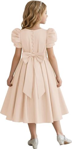 Puff Sleeve Flower Girl Dresses Wedding Satin Princess Pageant Dress Bow-Knot Midi Length First Communion Dress in Kuwait