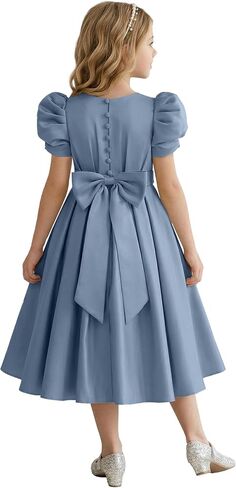 Puff Sleeve Flower Girl Dresses Wedding Satin Princess Pageant Dress Bow-Knot Midi Length First Communion Dress in Kuwait