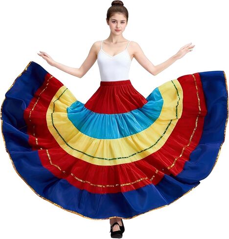 Women's Color Splice Swing Long Skirt for Lyrical Belly Folkloric Mexican Dance & Flamenco Dance Skirt in Saudi Arabia