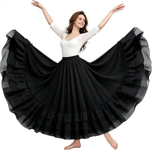 Women Lyrical Praise Dance Skirt A-line Long Swing Ruffle Hem Flowy Skirt Mexican Flamenco Ballroom Dancewear in Saudi Arabia