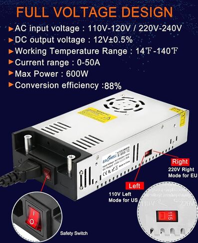 EAGWELL New Version 110V AC to 12V DC Converter 600W Power Supply 50A, Universal SMPS Transformer for RV, Pump, LED Strip, CCTV, Car Stereo,Diesel Heater in Saudi Arabia