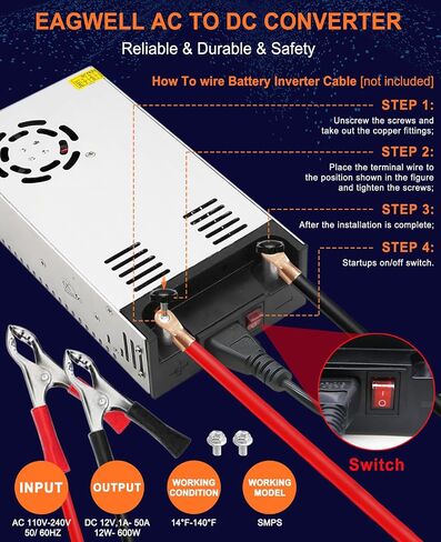 EAGWELL New Version 110V AC to 12V DC Converter 600W Power Supply 50A, Universal SMPS Transformer for RV, Pump, LED Strip, CCTV, Car Stereo,Diesel Heater in Saudi Arabia