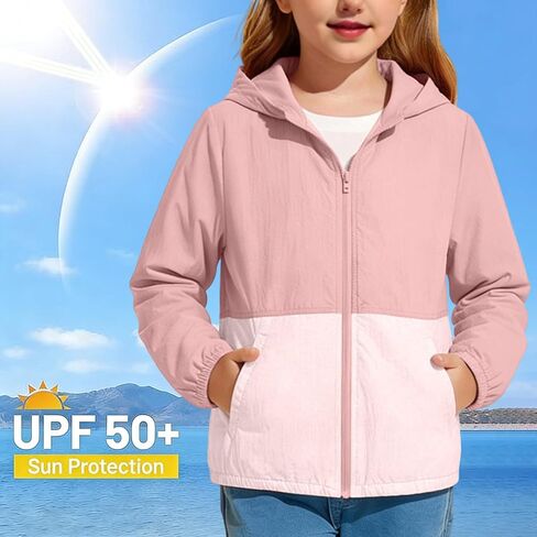 Girls Boys Zip Up Hooded Jacket UPF 50+ Sun Protection Long Sleeve Kids Casual Summer Lightweight Outwear with Pockets in Kuwait