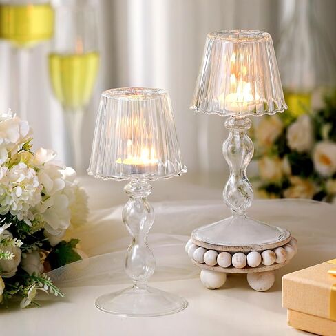 Jingmore 2 قطعة من حاملات الشموع الكريستالية على شكل مصباح كريستال Tealight حاملات شموع طاولة مركزية للمنزل وحفلات الزفاف والخطوبة وحفلات أعياد الميلاد وديكور طاولة الطعام (شفاف) in Kuwait