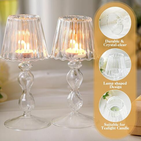 Jingmore 2 قطعة من حاملات الشموع الكريستالية على شكل مصباح كريستال Tealight حاملات شموع طاولة مركزية للمنزل وحفلات الزفاف والخطوبة وحفلات أعياد الميلاد وديكور طاولة الطعام (شفاف) in Kuwait
