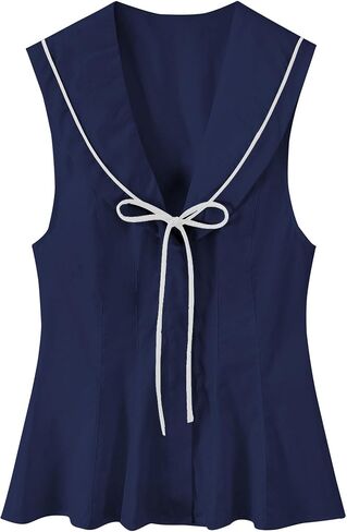 Women's Sailor Collar Sleeveless Peplum Blouse Hidden Button V Neck Tie Front Shirts Poplin Tops in Kuwait