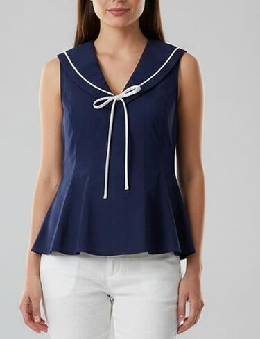 Women's Sailor Collar Sleeveless Peplum Blouse Hidden Button V Neck Tie Front Shirts Poplin Tops in Kuwait