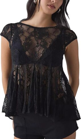 Megfie Women's Sexy Sheer Lace Short Sleeve Babydoll Top Sheer Mesh Top See Through Going Out Shirts Blouse in Saudi Arabia