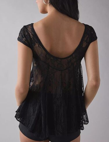 Megfie Women's Sexy Sheer Lace Short Sleeve Babydoll Top Sheer Mesh Top See Through Going Out Shirts Blouse in Saudi Arabia
