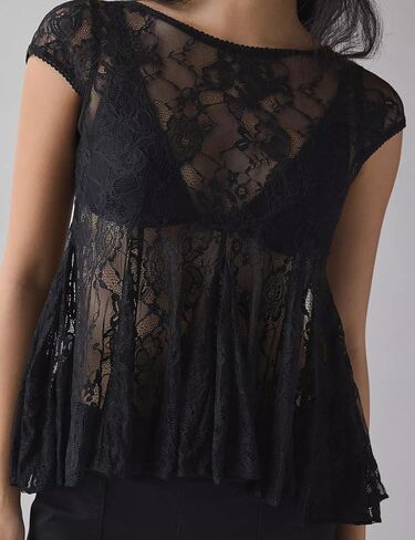 Megfie Women's Sexy Sheer Lace Short Sleeve Babydoll Top Sheer Mesh Top See Through Going Out Shirts Blouse in Saudi Arabia