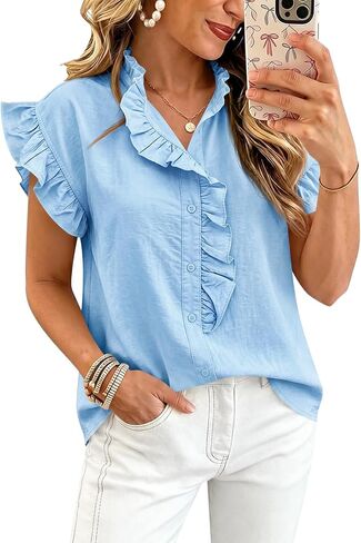 Tankaneo Womens Ruffle Cap Sleeve Button Down Shirts Summer Dressy Casual Blouses Loose Fit Cute Tops in Kuwait