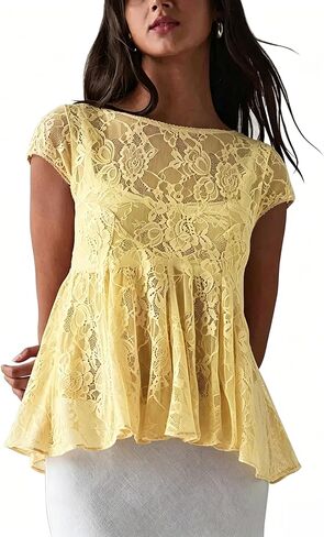 Megfie Women's Sexy Sheer Lace Short Sleeve Babydoll Top Sheer Mesh Top See Through Going Out Shirts Blouse in Kuwait