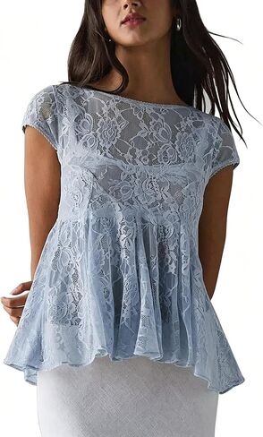 Megfie Women's Sexy Sheer Lace Short Sleeve Babydoll Top Sheer Mesh Top See Through Going Out Shirts Blouse in Saudi Arabia