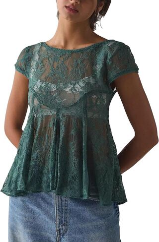 Megfie Women's Sexy Sheer Lace Short Sleeve Babydoll Top Sheer Mesh Top See Through Going Out Shirts Blouse in Saudi Arabia