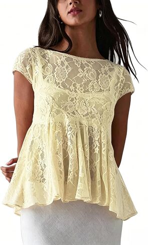 Megfie Women's Sexy Sheer Lace Short Sleeve Babydoll Top Sheer Mesh Top See Through Going Out Shirts Blouse in Saudi Arabia