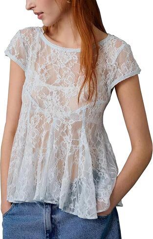Megfie Women's Sexy Sheer Lace Short Sleeve Babydoll Top Sheer Mesh Top See Through Going Out Shirts Blouse in Saudi Arabia