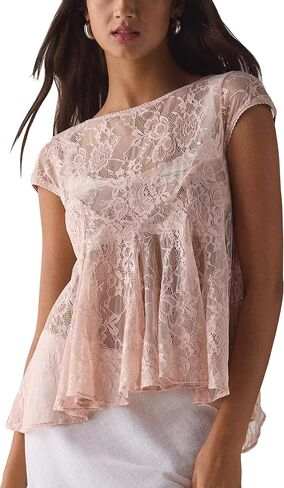 Megfie Women's Sexy Sheer Lace Short Sleeve Babydoll Top Sheer Mesh Top See Through Going Out Shirts Blouse in Saudi Arabia
