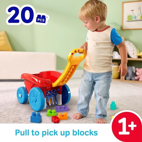 MEGA BLOKS First Builders Toddler Building Toy, Block Scooping Pull Wagon with 20 Pieces and Built-in Storage, Picks Up Blocks, Red, Kids Ages 1+ in Kuwait