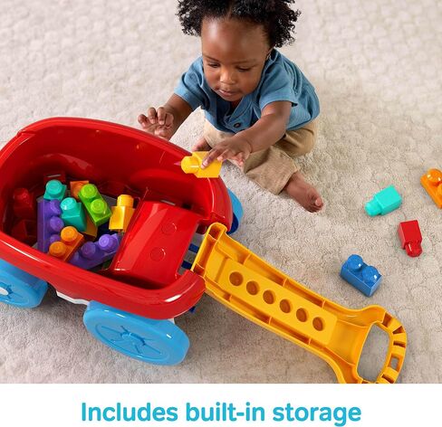 MEGA BLOKS First Builders Toddler Building Toy, Block Scooping Pull Wagon with 20 Pieces and Built-in Storage, Picks Up Blocks, Red, Kids Ages 1+ in Kuwait