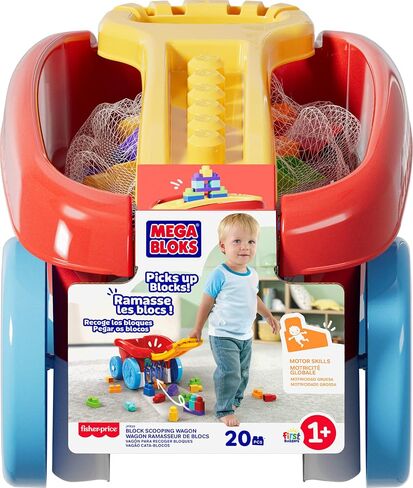MEGA BLOKS First Builders Toddler Building Toy, Block Scooping Pull Wagon with 20 Pieces and Built-in Storage, Picks Up Blocks, Red, Kids Ages 1+ in Kuwait