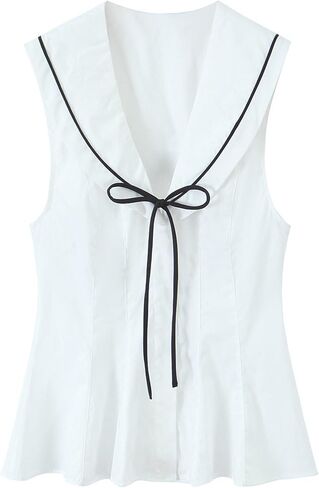 Women's Sailor Collar Sleeveless Peplum Blouse Hidden Button V Neck Tie Front Shirts Poplin Tops in Saudi Arabia