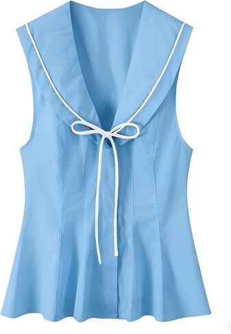 Women's Sailor Collar Sleeveless Peplum Blouse Hidden Button V Neck Tie Front Shirts Poplin Tops in Kuwait