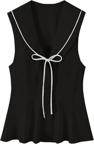 Women's Sailor Collar Sleeveless Peplum Blouse Hidden Button V Neck Tie Front Shirts Poplin Tops in Kuwait