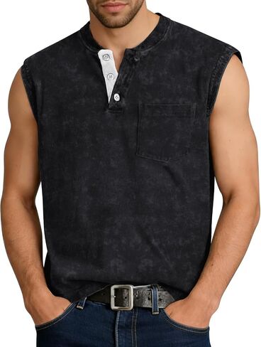 Men's Summer Henley Tank Top Shirts Sleeveless Sports Vest, Retro Classic Button Loose Casual Top Pure Cotton Henley T-Shirt in Saudi Arabia