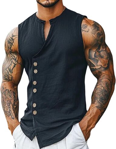 Alalaso Men's Casual Button Down Sleeveless Tank Top Summer Athletic Muscle Shirt Breathable Comfortable Undershirt in Kuwait
