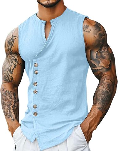 Alalaso Men's Casual Button Down Sleeveless Tank Top Summer Athletic Muscle Shirt Breathable Comfortable Undershirt in Kuwait