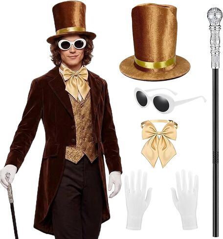 Halloween Chocolate Factory Costume, Chocolate Top Hat Accessories Set 5 Pcs Hat Sunglasses Scepter Bowtie Gloves for Adult Men Women Magic Movie Character Dress Up Parade Cosplay Dance Recitals in Saudi Arabia