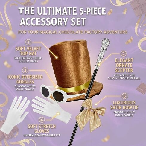 Halloween Chocolate Factory Costume, Chocolate Top Hat Accessories Set 5 Pcs Hat Sunglasses Scepter Bowtie Gloves for Adult Men Women Magic Movie Character Dress Up Parade Cosplay Dance Recitals in Saudi Arabia