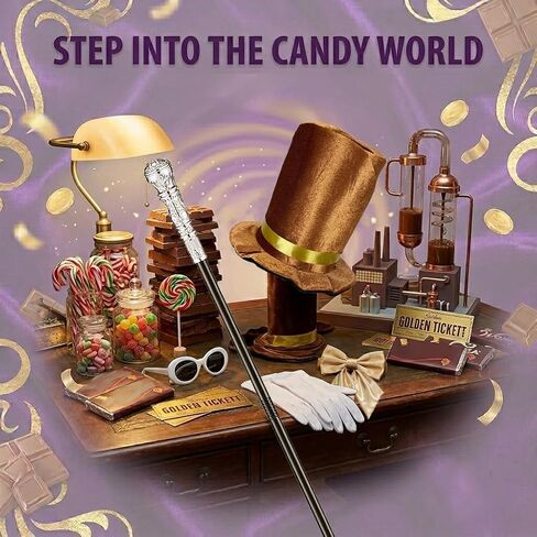 Halloween Chocolate Factory Costume, Chocolate Top Hat Accessories Set 5 Pcs Hat Sunglasses Scepter Bowtie Gloves for Adult Men Women Magic Movie Character Dress Up Parade Cosplay Dance Recitals in Saudi Arabia