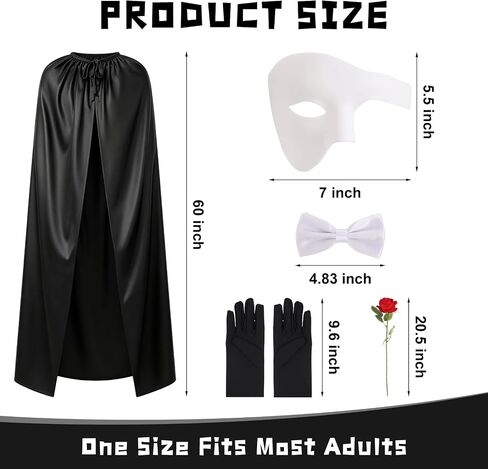 5 Pieces The Opera Costume Accessories Set Men's Masquerade Costume Set with Half Face Mask, Long Cape, Gloves, Bow Tie and Artificial Red Rose for Halloween Carnivals Masquerade Party Cosplay in Saudi Arabia