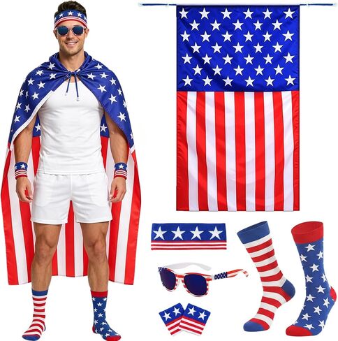 American Flag Costume Cape 4th of July Accessories for 250th Anniversary American Flag Headband Wristbands Sunglasses and Socks for Independence Day in Saudi Arabia