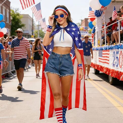 American Flag Costume Cape 4th of July Accessories for 250th Anniversary American Flag Headband Wristbands Sunglasses and Socks for Independence Day in Saudi Arabia