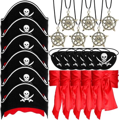 Jiuguva 6 Set/24 Pcs Pirate Accessories Set Adult Pirate Party Favor Costume Accessories Set Include 6 Hats 6 Eye Patches 6 Skull Necklace 6 Belt for Halloween Party Cosplay Captain Role Play Dress in Kuwait