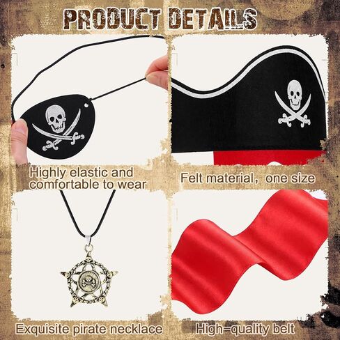 Jiuguva 6 Set/24 Pcs Pirate Accessories Set Adult Pirate Party Favor Costume Accessories Set Include 6 Hats 6 Eye Patches 6 Skull Necklace 6 Belt for Halloween Party Cosplay Captain Role Play Dress in Kuwait