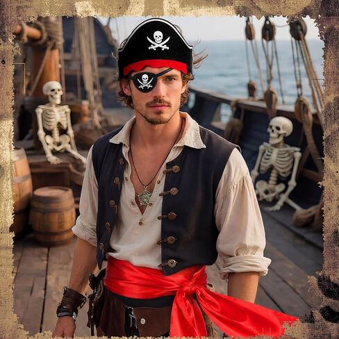Jiuguva 6 Set/24 Pcs Pirate Accessories Set Adult Pirate Party Favor Costume Accessories Set Include 6 Hats 6 Eye Patches 6 Skull Necklace 6 Belt for Halloween Party Cosplay Captain Role Play Dress in Kuwait