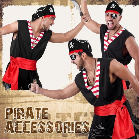 Jiuguva 6 Set/24 Pcs Pirate Accessories Set Adult Pirate Party Favor Costume Accessories Set Include 6 Hats 6 Eye Patches 6 Skull Necklace 6 Belt for Halloween Party Cosplay Captain Role Play Dress in Kuwait