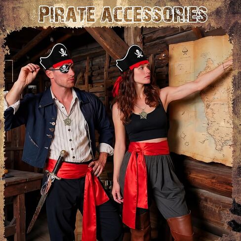 Jiuguva 6 Set/24 Pcs Pirate Accessories Set Adult Pirate Party Favor Costume Accessories Set Include 6 Hats 6 Eye Patches 6 Skull Necklace 6 Belt for Halloween Party Cosplay Captain Role Play Dress in Kuwait