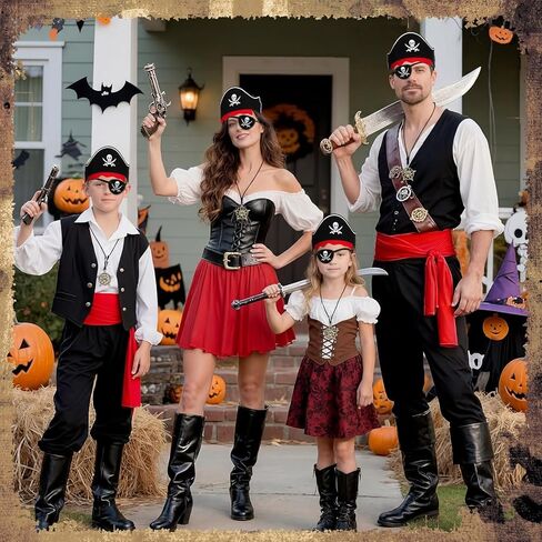 Jiuguva 6 Set/24 Pcs Pirate Accessories Set Adult Pirate Party Favor Costume Accessories Set Include 6 Hats 6 Eye Patches 6 Skull Necklace 6 Belt for Halloween Party Cosplay Captain Role Play Dress in Kuwait