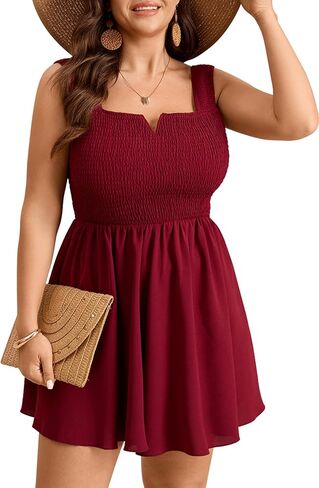 SHESTARR Women Plus Size Rompers Summer Casual Smocked Square Neck Loose Shorts Jumpsuit Beach Boho Sleeveless Overalls in Kuwait