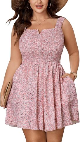 SHESTARR Women Plus Size Rompers Summer Casual Smocked Square Neck Loose Shorts Jumpsuit Beach Boho Sleeveless Overalls in Kuwait