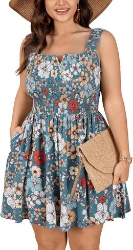 SHESTARR Women Plus Size Rompers Summer Casual Smocked Square Neck Loose Shorts Jumpsuit Beach Boho Sleeveless Overalls in Kuwait