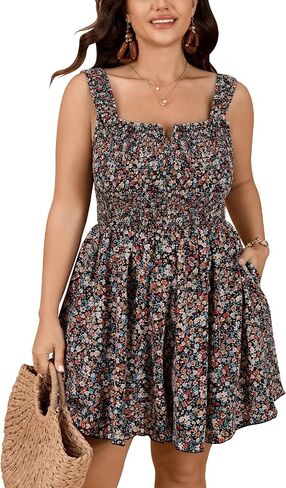 SHESTARR Women Plus Size Rompers Summer Casual Smocked Square Neck Loose Shorts Jumpsuit Beach Boho Sleeveless Overalls in Kuwait